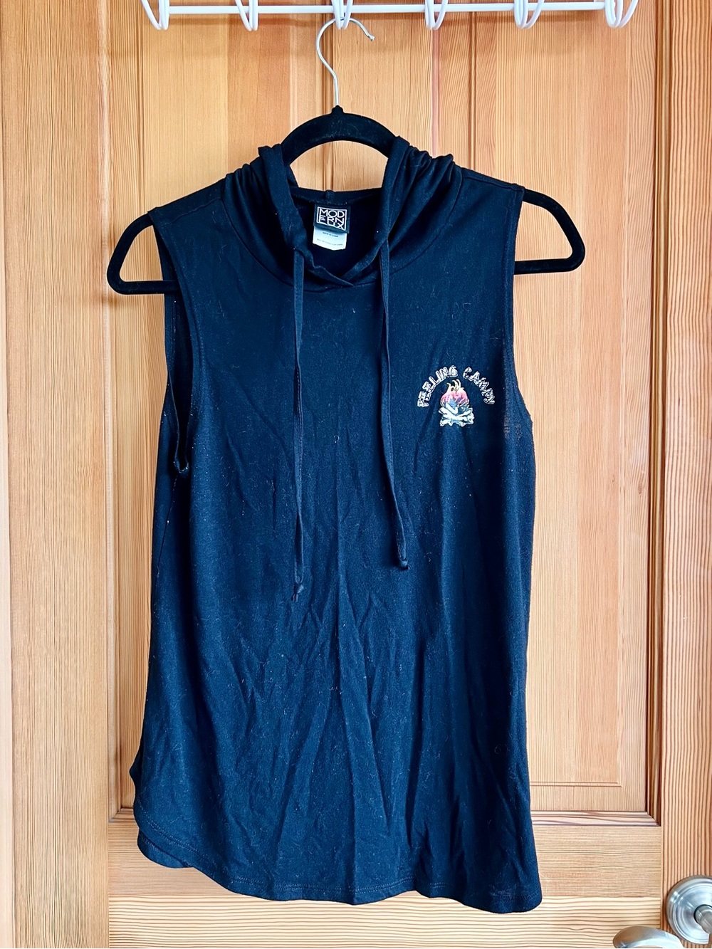 Modern Lux Black Sleeveless Hoodie Tank Top with Camping Graphic